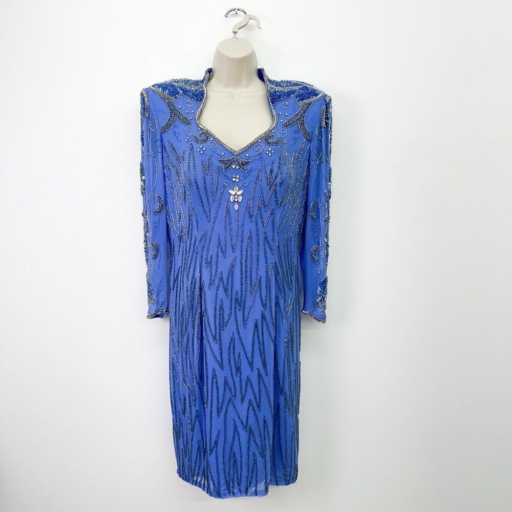Niteline Women’s Blue Vintage 80s All Over Beaded Power Shoulder Long Sleeved Co